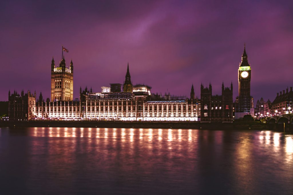 Westminster and Big ben lite up.